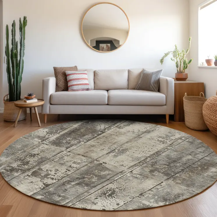 8' Taupe Beige And Brown Round Abstract Washable Indoor Outdoor Area Rug