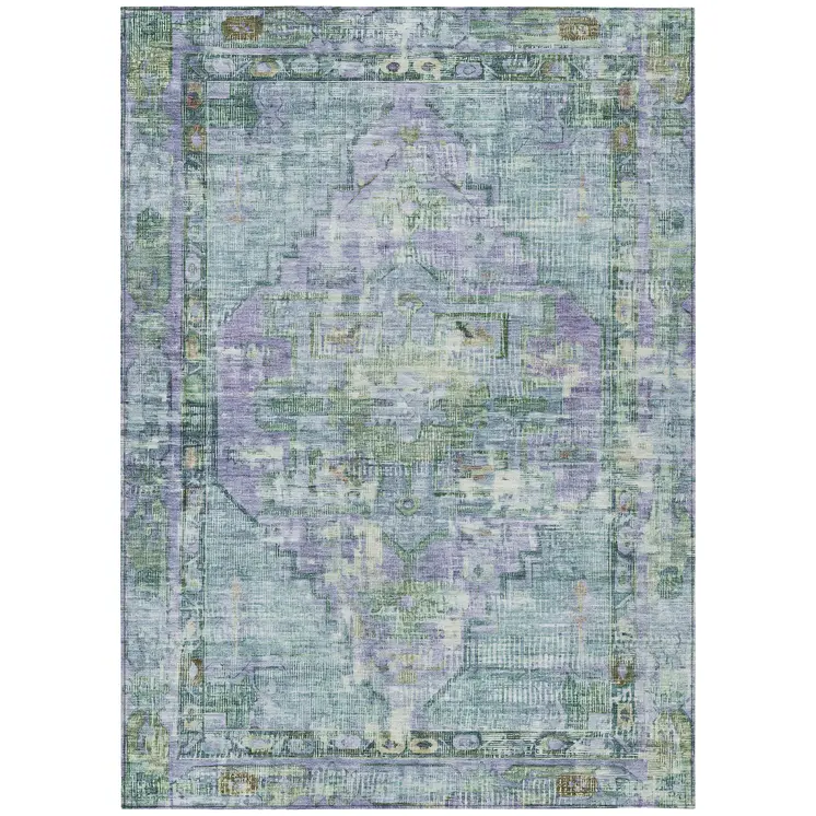 8' X 10' Teal Blue Lavender And Ivory Oriental Washable Indoor Outdoor Area Rug
