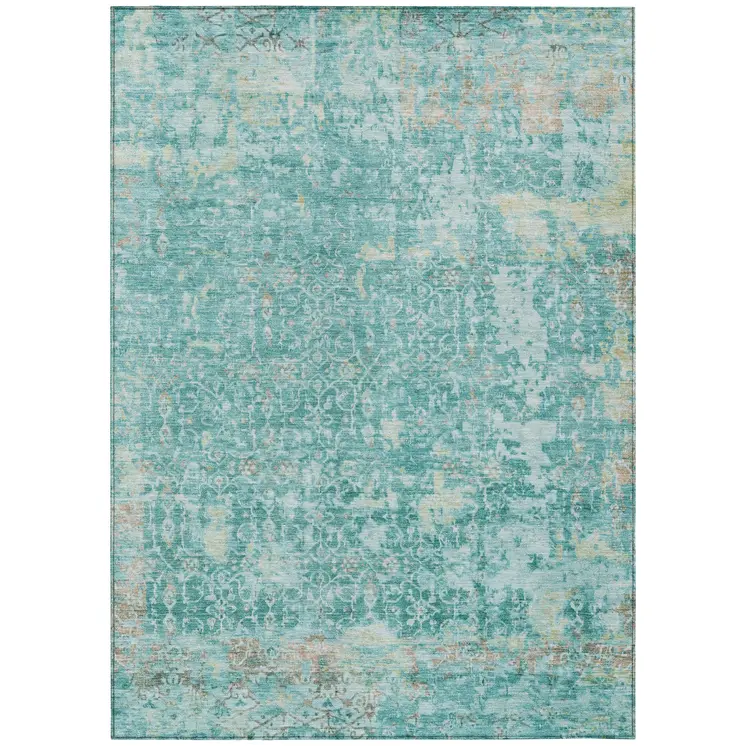 8' X 10' Teal Blue And Aqua Abstract Washable Indoor Outdoor Area Rug