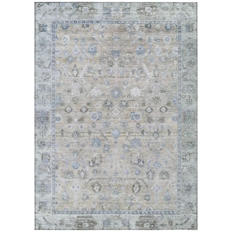 9' X 12' Beige Blue And Ivory Oriental Washable Indoor Outdoor Area Rug