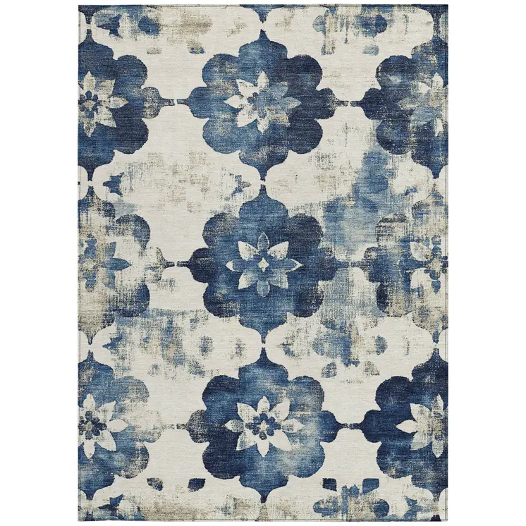 9' X 12' Navy Blue And Ivory Floral Washable Indoor Outdoor Area Rug