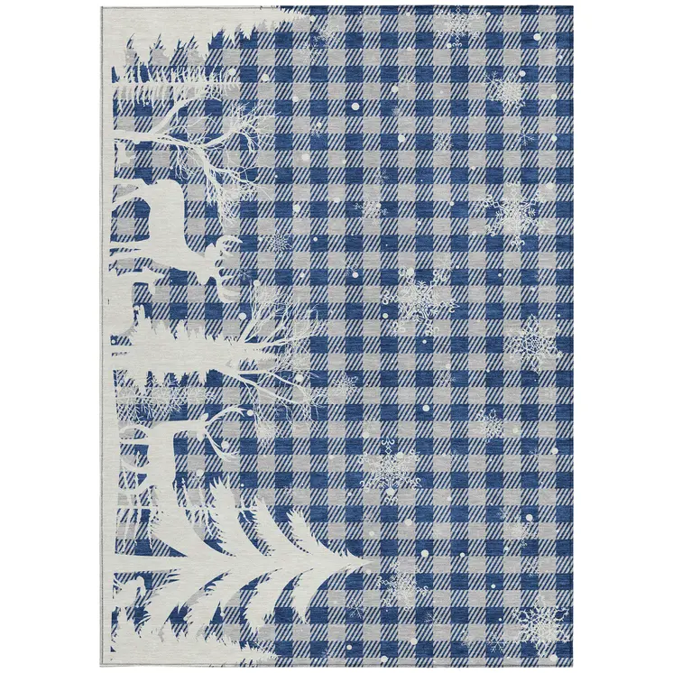 3' X 5' Blue Ivory And Gray Plaid Washable Indoor Outdoor Area Rug