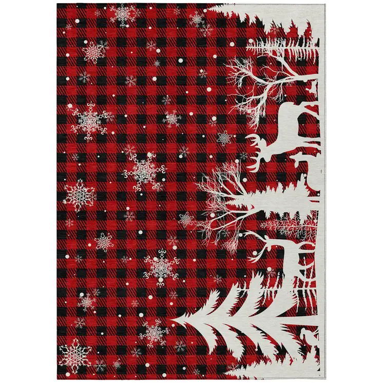 9' X 12' Red Black And Ivory Plaid Washable Indoor Outdoor Area Rug
