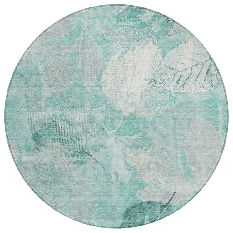 8' Teal Blue And Ivory Round Floral Washable Indoor Outdoor Area Rug