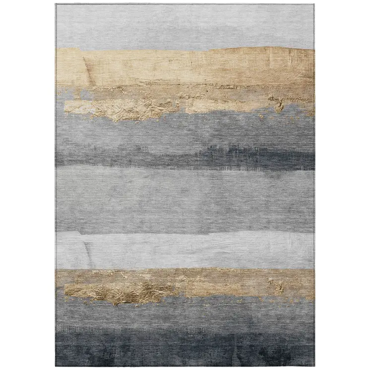 9' X 12' Gold And Gray Striped Washable Indoor Outdoor Area Rug