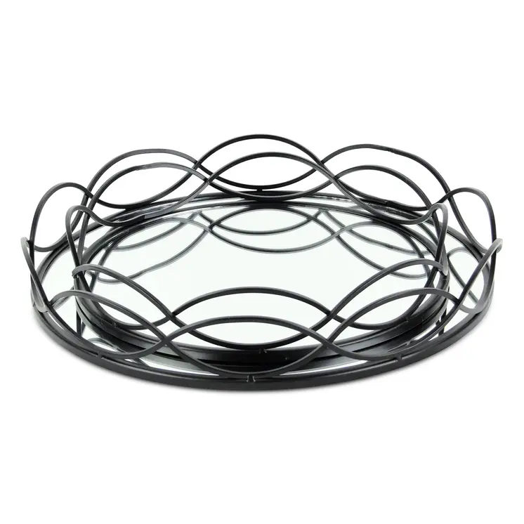 Set of Two Black And Silver Metal And Mirrored Glass Round Vanity Trays