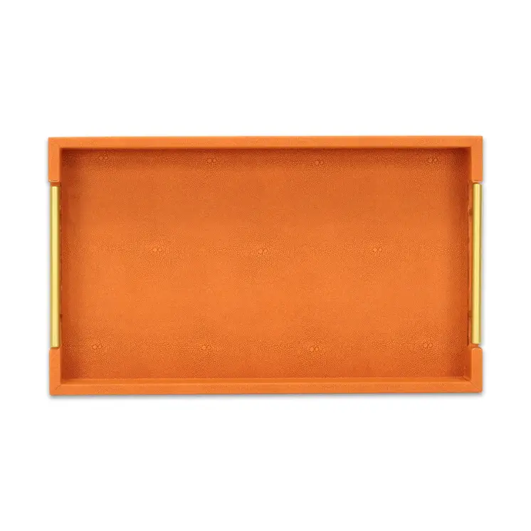 16" Orange And Gold Faux Shagreen Handmade Serving Tray With Handles