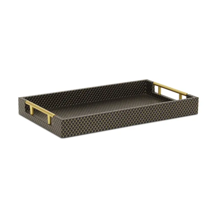 16" Black And Gold Geometric Print Handmade Serving Tray