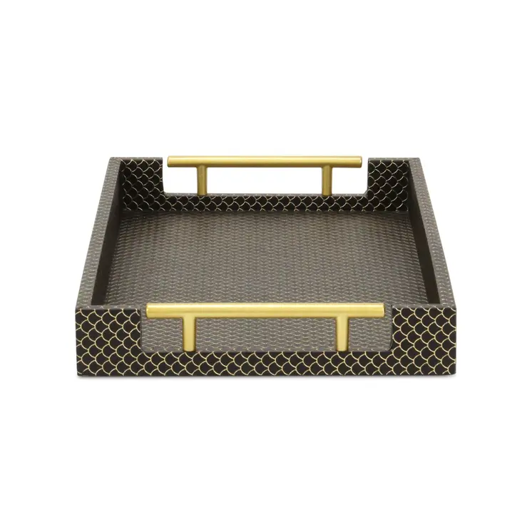 16" Black And Gold Geometric Print Handmade Serving Tray