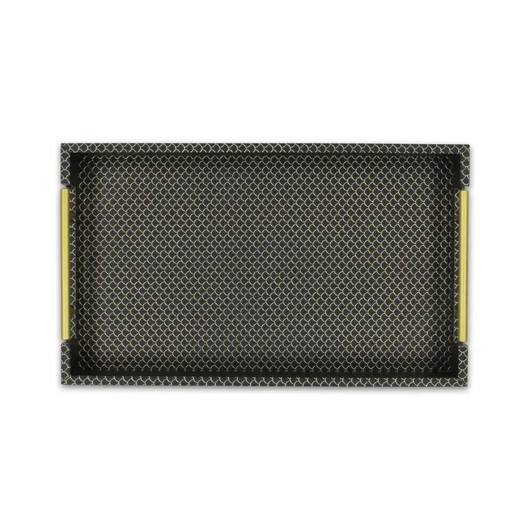 16" Black And Gold Geometric Print Handmade Serving Tray