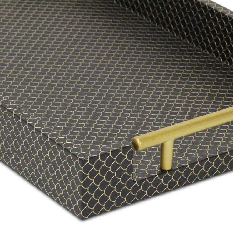 16" Black And Gold Geometric Print Handmade Serving Tray