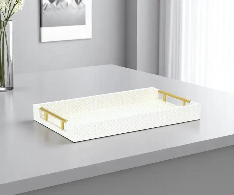 16" Ivory And Gold Geometric Print Handmade Serving Tray With Handles