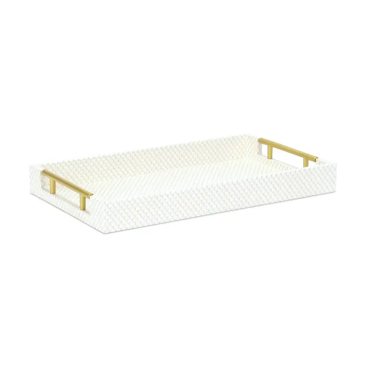 16" Ivory And Gold Geometric Print Handmade Serving Tray With Handles