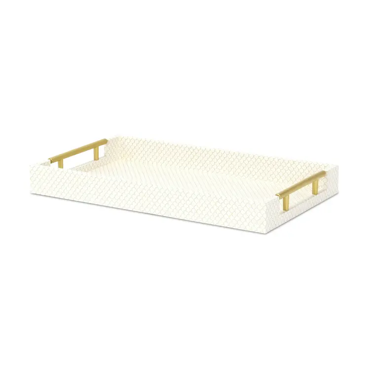 16" Ivory And Gold Geometric Print Handmade Serving Tray With Handles