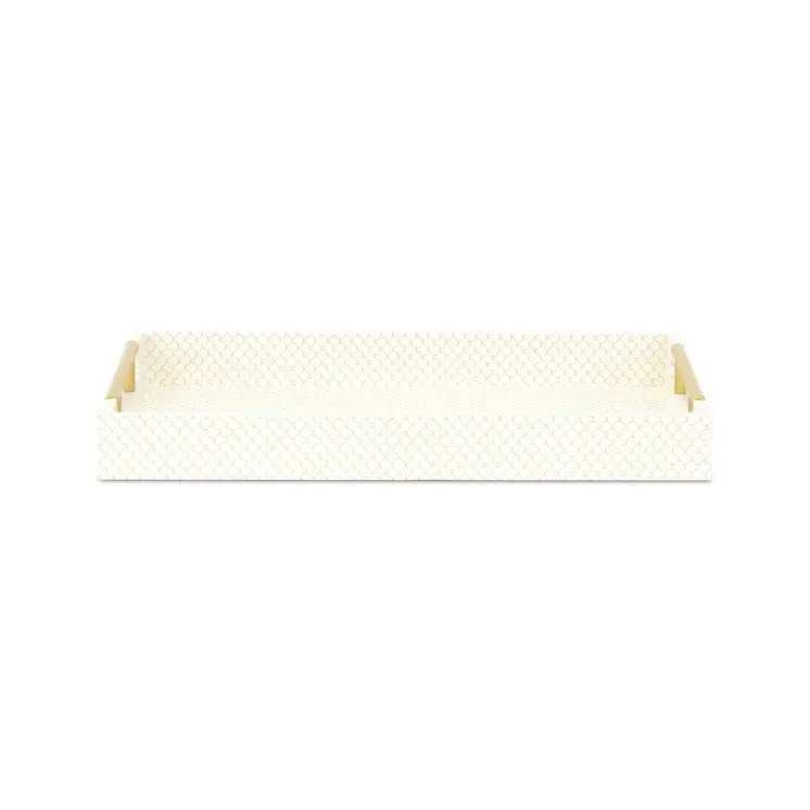 16" Ivory And Gold Geometric Print Handmade Serving Tray With Handles