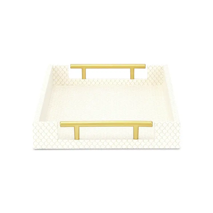 16" Ivory And Gold Geometric Print Handmade Serving Tray With Handles