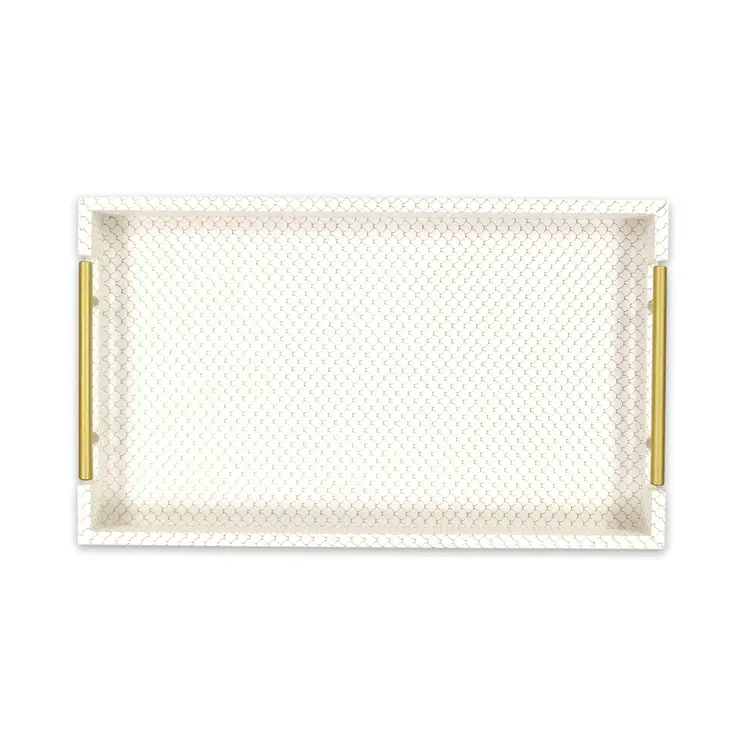 16" Ivory And Gold Geometric Print Handmade Serving Tray With Handles