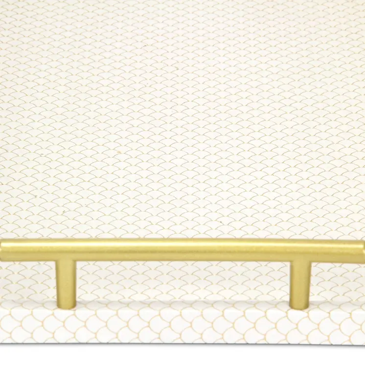16" Ivory And Gold Geometric Print Handmade Serving Tray With Handles