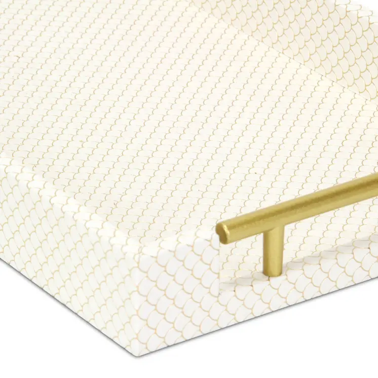 16" Ivory And Gold Geometric Print Handmade Serving Tray With Handles