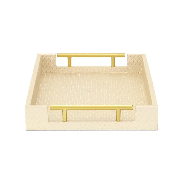 16" Champagne And Gold Geometric Print Handmade Serving Tray With Handles