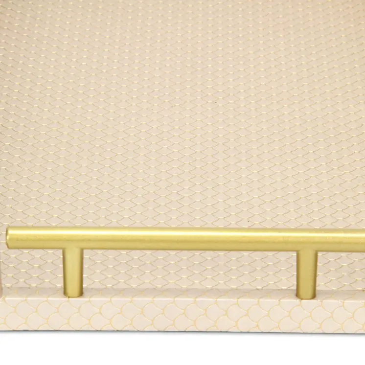 16" Champagne And Gold Geometric Print Handmade Serving Tray With Handles