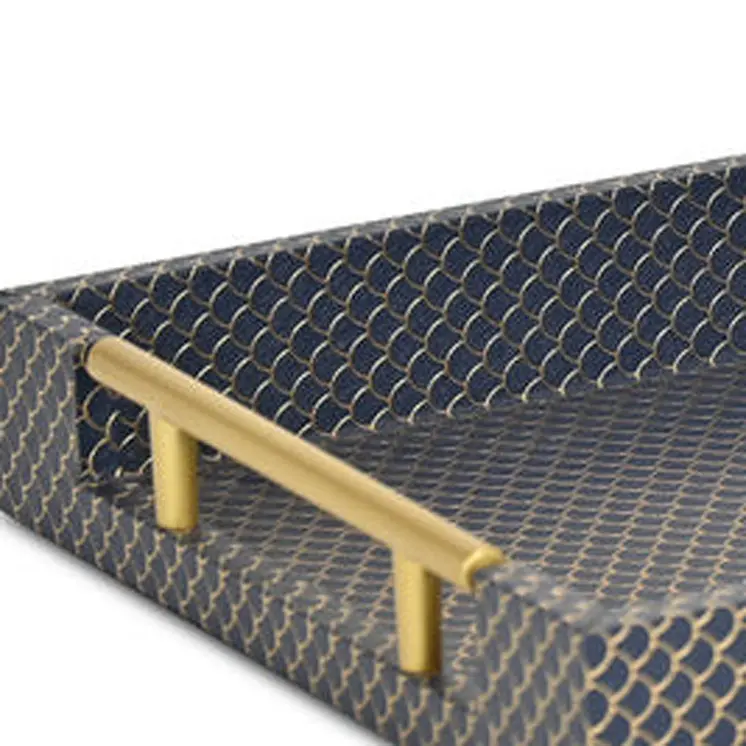 16" Blue And Gold Geometric Handmade Serving Tray