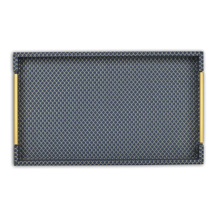 16" Blue And Gold Geometric Handmade Serving Tray