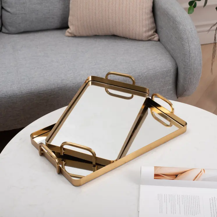 Set of Two Gold And Mirrored Glass Handmade Serving Trays