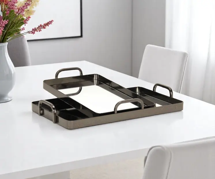 Set of Two Pewter Aluminum And Mirrored Glass Handmade Serving Trays
