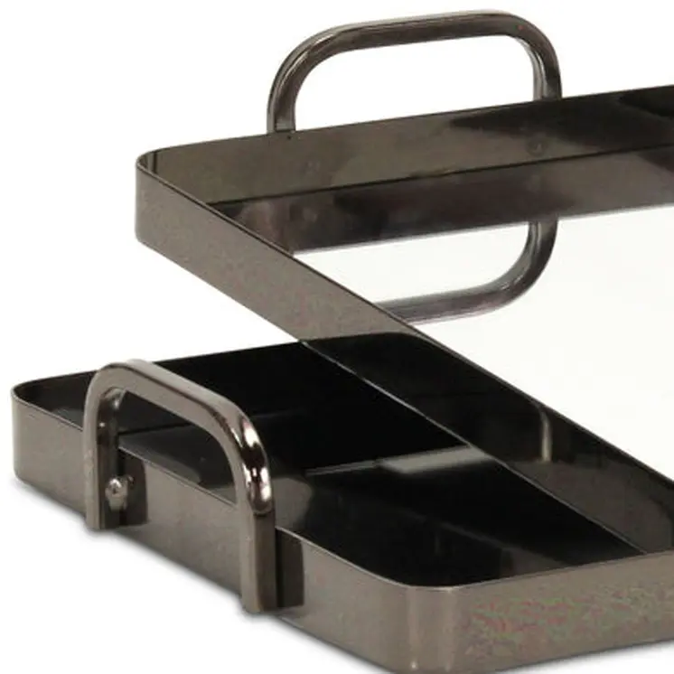 Set of Two Pewter Aluminum And Mirrored Glass Handmade Serving Trays