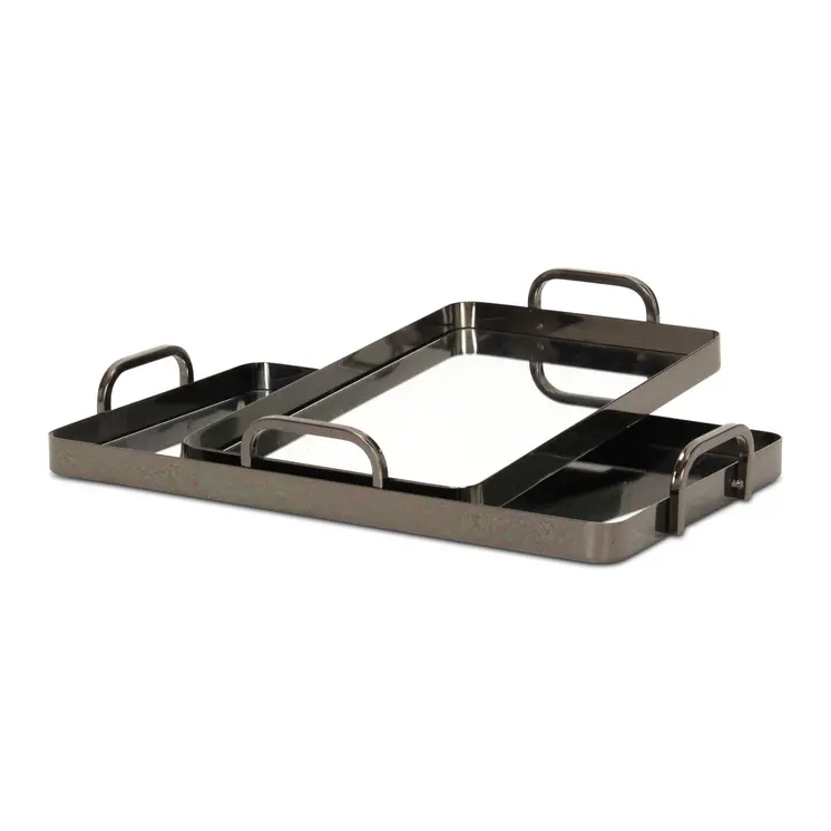 Set of Two Pewter Aluminum And Mirrored Glass Handmade Serving Trays