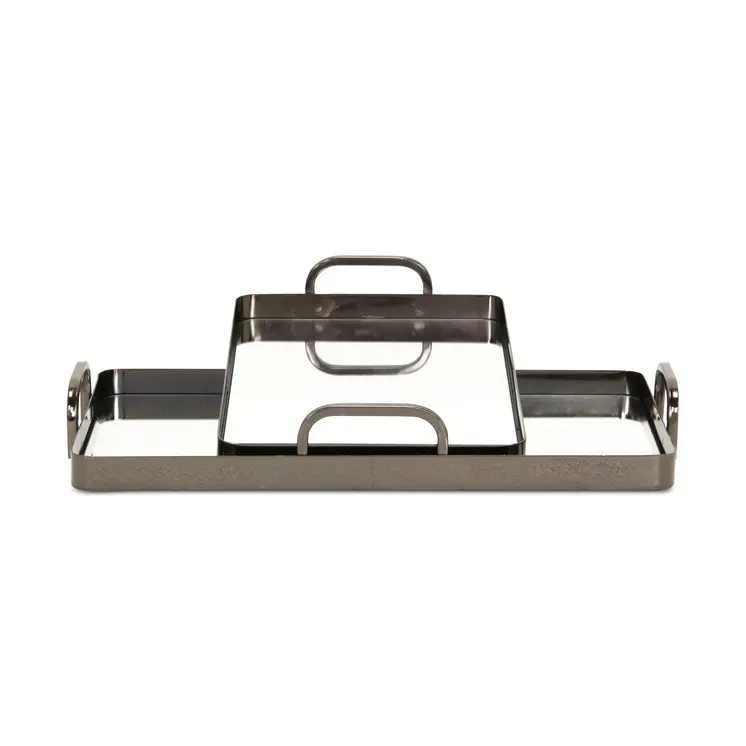 Set of Two Pewter Aluminum And Mirrored Glass Handmade Serving Trays