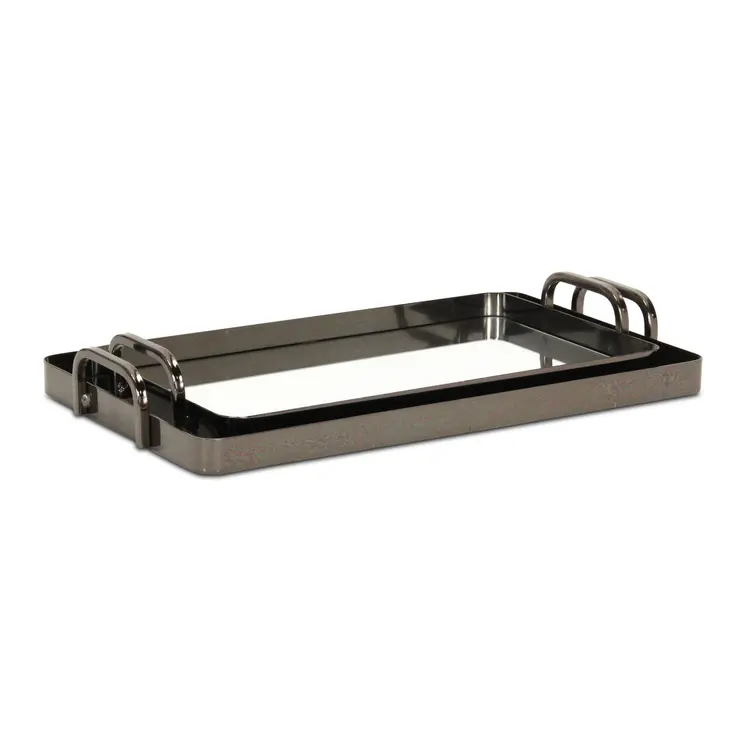 Set of Two Pewter Aluminum And Mirrored Glass Handmade Serving Trays