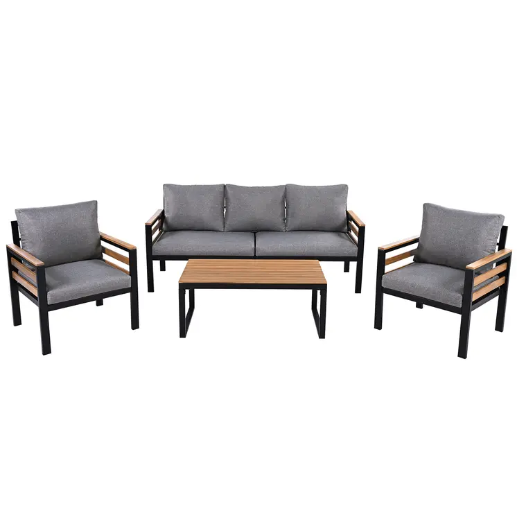 Three Piece Outdoor Gray Metal Sofa Seating Group with Gray Cushions