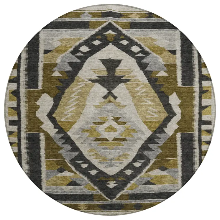 8' Chocolate Beige And Gray Round Tribal Washable Indoor Outdoor Area Rug