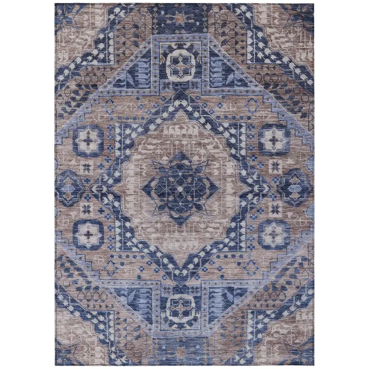 8' X 10' Brown And Beige Geometric Washable Indoor Outdoor Area Rug