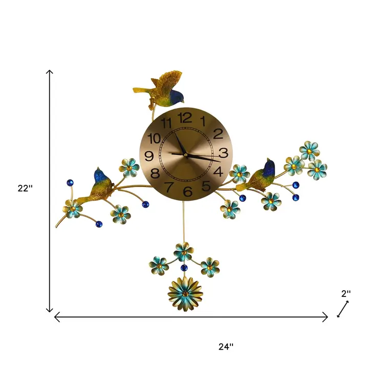 24" Blue Green And Gold Metal Silent Pendulum Floral Wall Clock