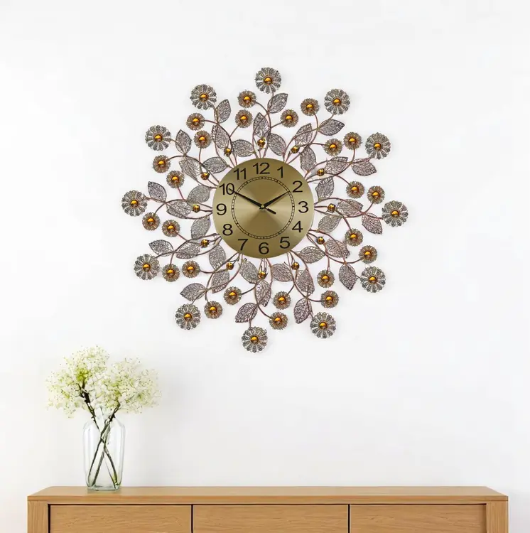 27" Gold And Black Metal And Faux Crystal Silent Analog FloralWall Clock