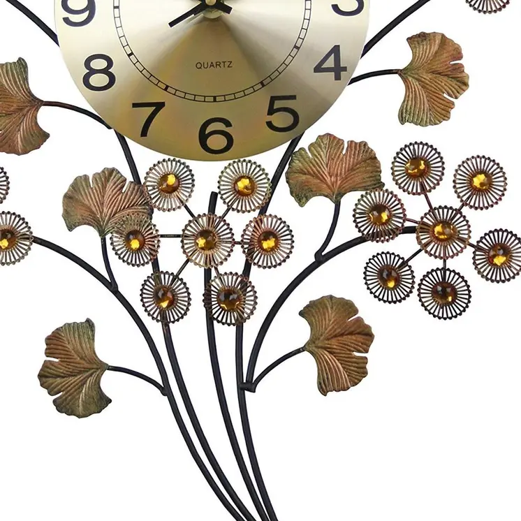 22" Copper Metal And Faux Crystal Silent Analog Gingko Floral Wall Clock