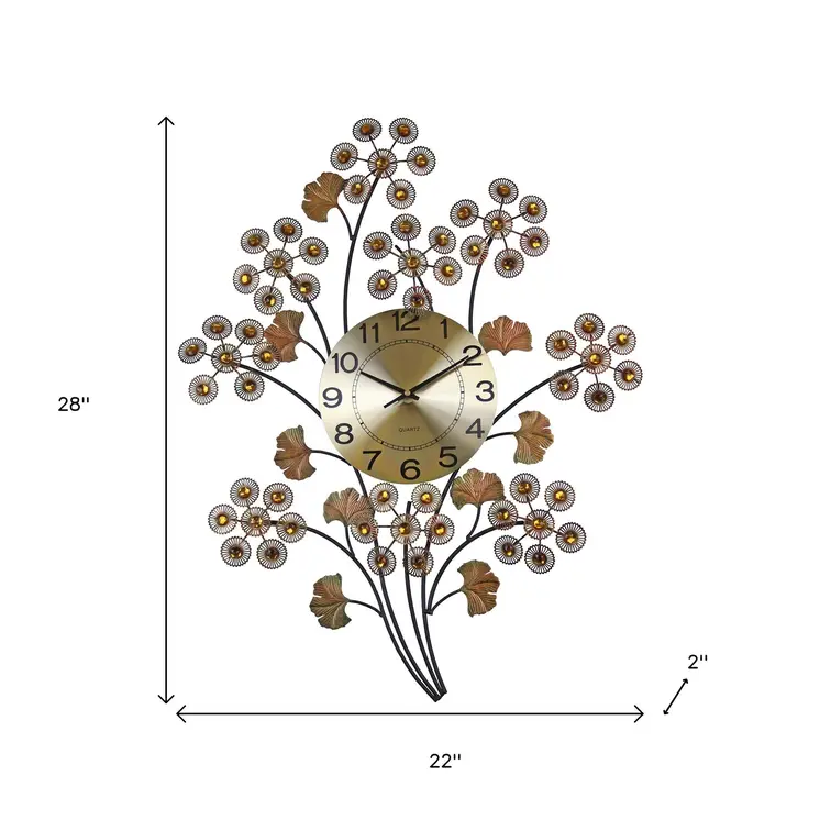 22" Copper Metal And Faux Crystal Silent Analog Gingko Floral Wall Clock