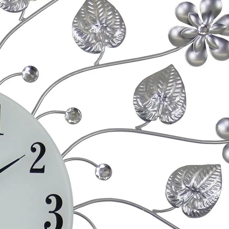 27" Silver White And Black Metal and Glass Silent Analog Floral Round Wall Clock