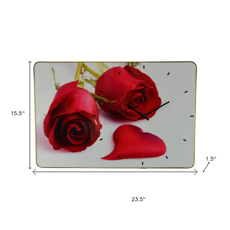 24" Red White And Gold Solid Wood and Acrylic Silent Roses Floral Wall Clock