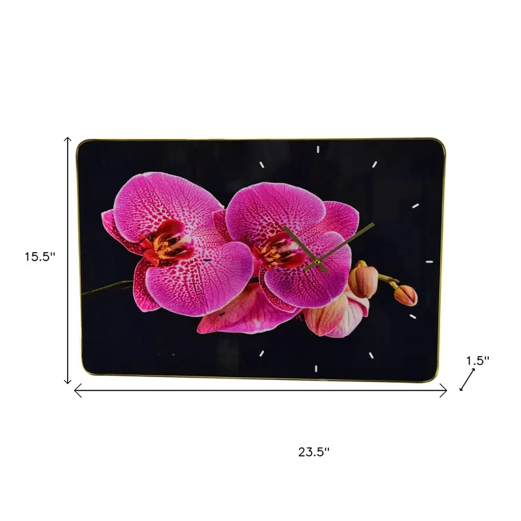 24" Pink Black And Gold Solid Wood and Acrylic Silent Orchids Floral Wall Clock