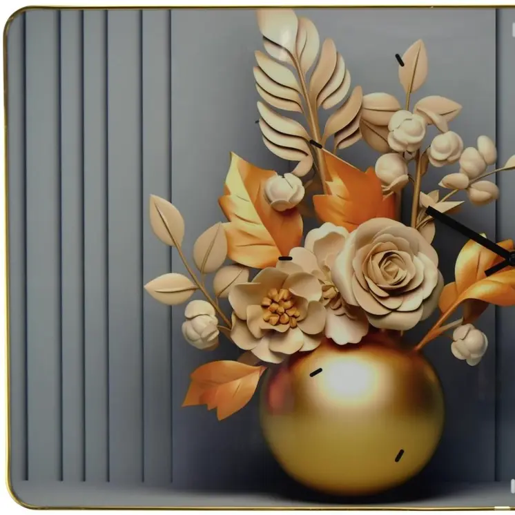 24" Beige Gold And Gray Solid Wood and Acrylic Silent Analog Floral Wall Clock