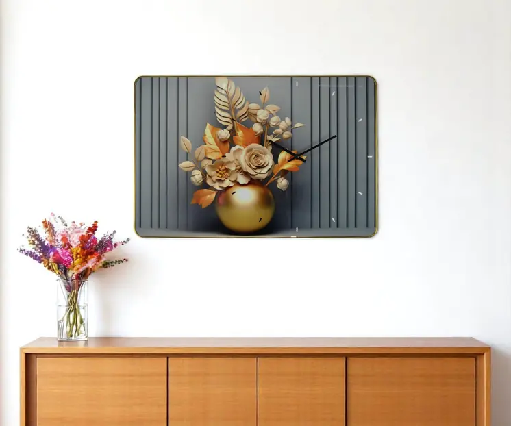 24" Beige Gold And Gray Solid Wood and Acrylic Silent Analog Floral Wall Clock