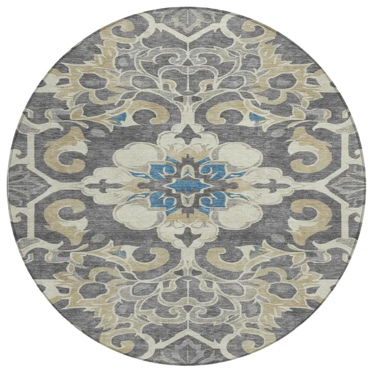 8' Beige And Charcoal Round Damask Washable Indoor Outdoor Area Rug