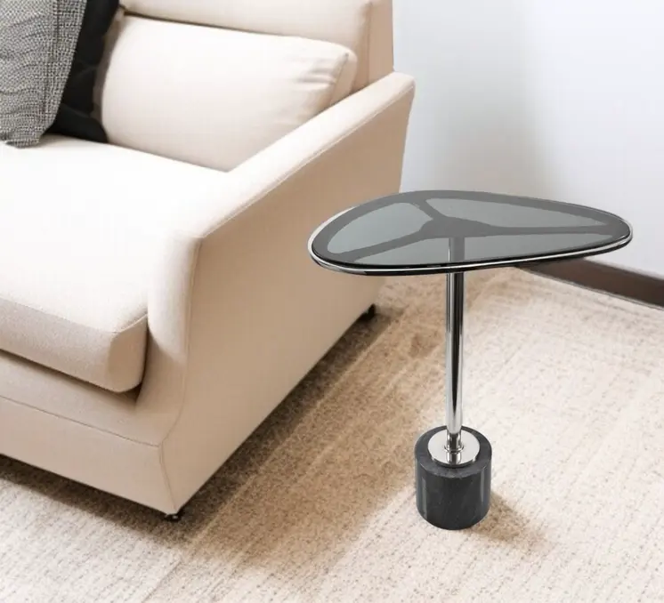 22" Smoky Black and Silver Aluminum Glass and Marble Pedestal End Table