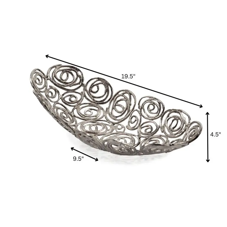 20" Silver Aluminum Abstract Circles Oval Decorative Bowl