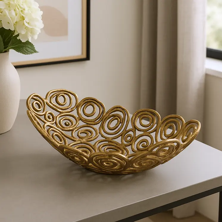 20" Gold Aluminum Abstract Circles Oval Decorative Bowl