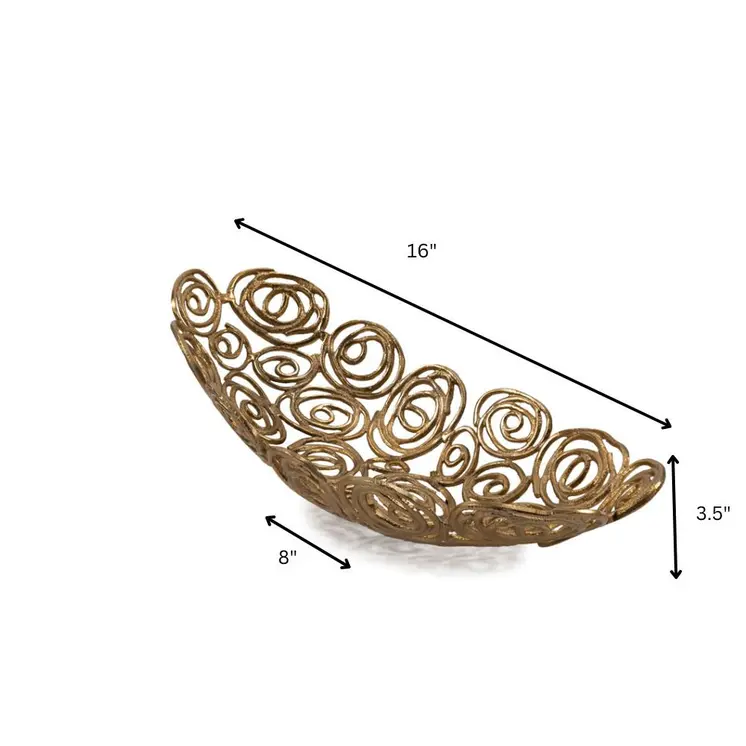 16" Gold Aluminum Abstract Circles Oval Decorative Bowl